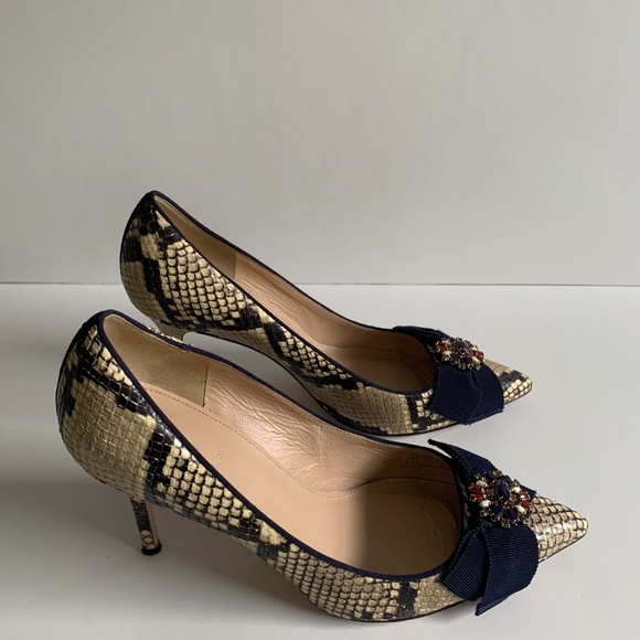 J. Crew Elsie Heel in Snake Embossed Leather with Bow, Pointy Toe Size 8.5 - Picture 1 of 10